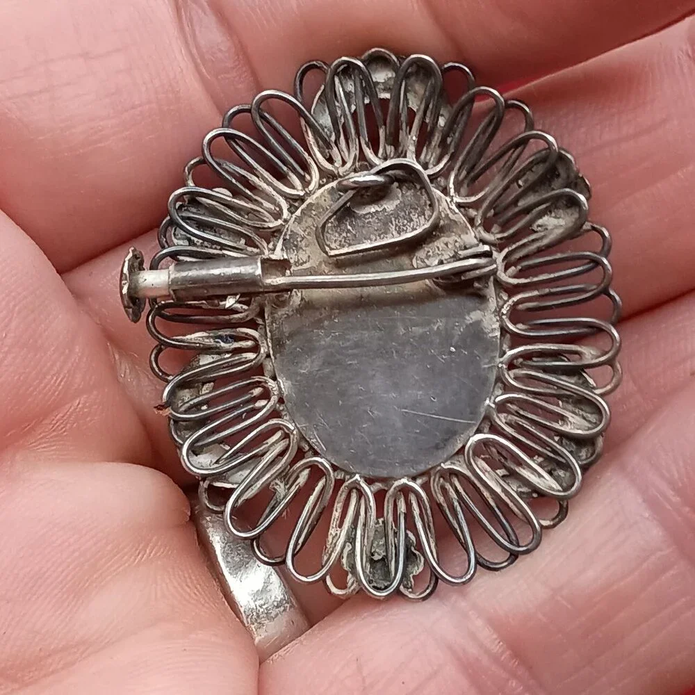 Art Deco 925 Sterling Silver Lapis Lazuli Brooch Pendant Brooch w/Moon & Stars - Picture 8 of 9